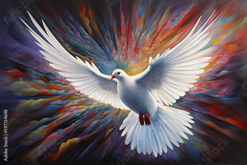 Illustration d'une colombe blanche dans une ambiance colorée » IA générative photo