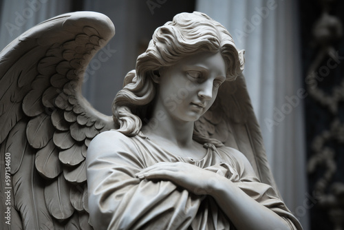 Gros plan d'une statue d'un ange dans un cimetière » IA générative photo
