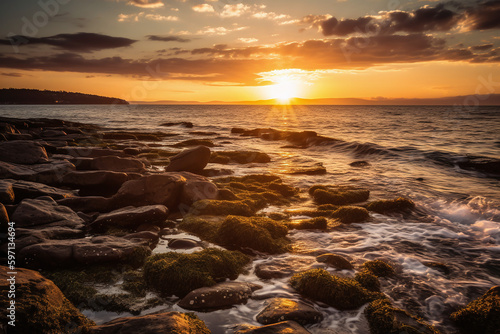 Soleil reflétant sur les rochers d'une plage » IA générative