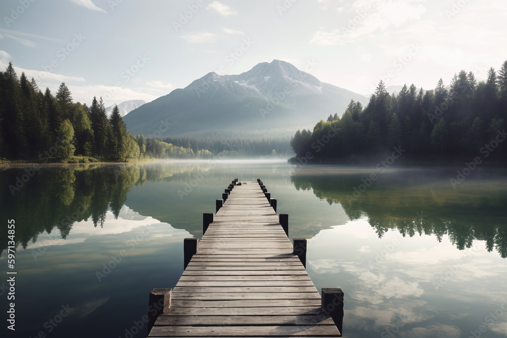 Vue sur le ponton en bois d'un lac avec une montagne en arrière-plan » IA générative