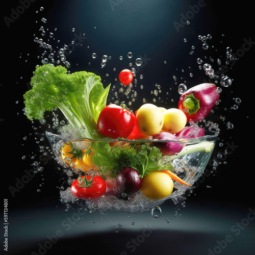 Black background with an assortment of fresh vegetables, fruits, and water splashes. Healthy food. Generative ai.