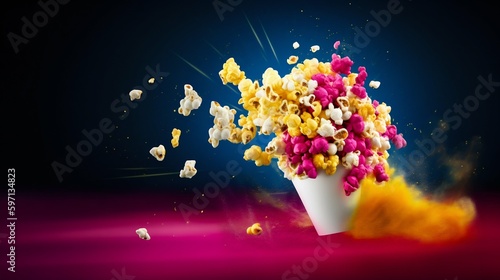 A burst of colorful  sweet popcorn on bright background. Generative AI