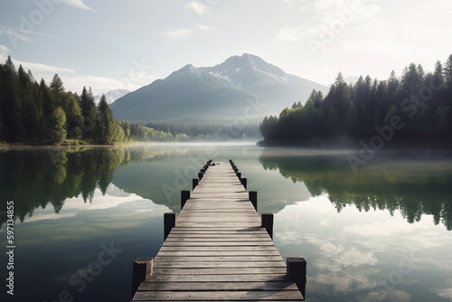 Vue sur le ponton en bois d'un lac avec une montagne en arrière-plan » IA générative