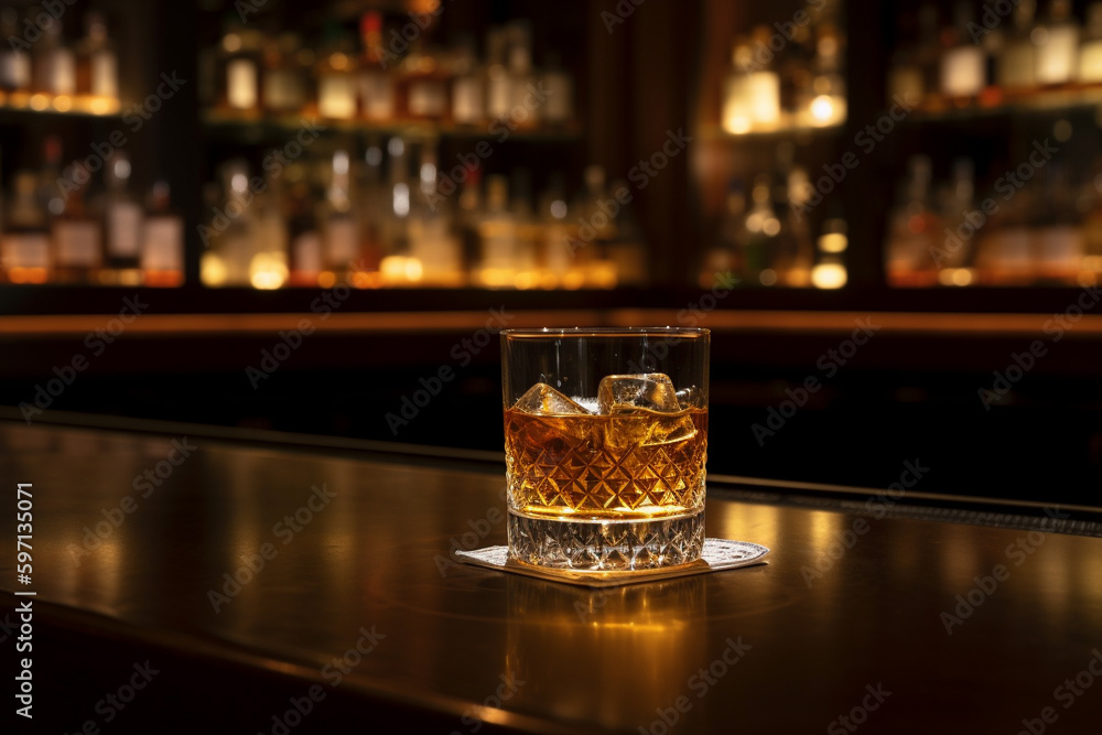 glass of whiskey on the bar in front of the bar