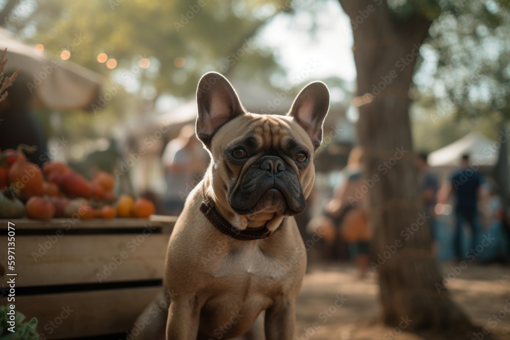 Medium shot portrait photography of a happy french bulldog being at a farmer's market against treehouses background. With generative AI technology