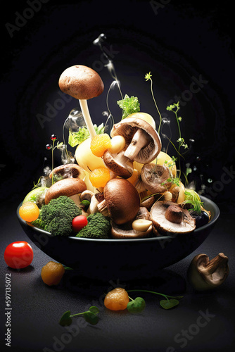 Realistic fresh vegetables  greens  and mushrooms on a black background with water droplets. Generative ai.