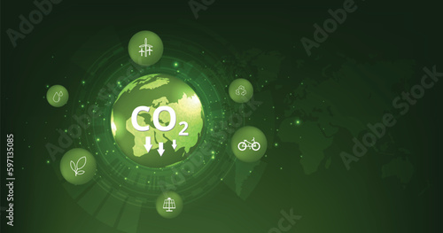 The idea of reducing CO2 emissions to limit global warming.Lower CO2 levels with sustainable development on renewable energy, planting tree, and green energy to stop climate change.