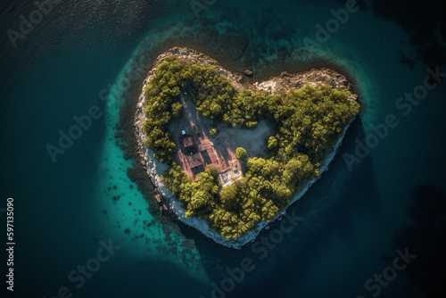 Vue de haut d'une île en forme de coeur avec une habitation » IA générative © Maelgoa