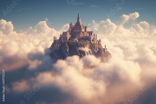 Vue d'un château au dessus des nuages » IA générative © Maelgoa