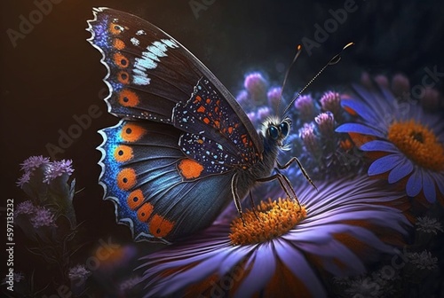 Excited butterfly on spring flowers. generative ai