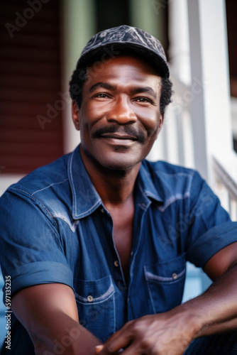 With joy in his eyes, a 45-year-old Afro-American homeowner beamed on the porch stairs, his first house a symbol of dreams manifested, a cherished milestone. generative Ai © neo