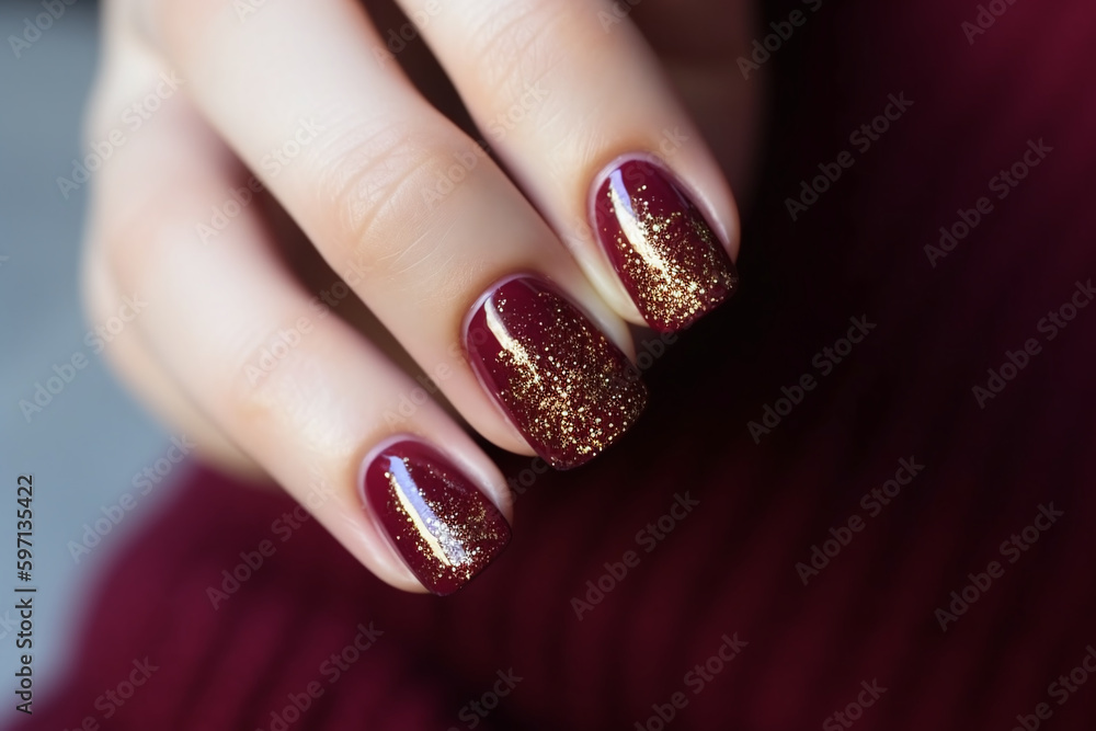 Gros plan sur des ongles manucurés avec du rouge et des paillettes d'or » IA générative Gros plan sur des ongles manucurés avec du rouge et des paillettes d'or » IA générative
