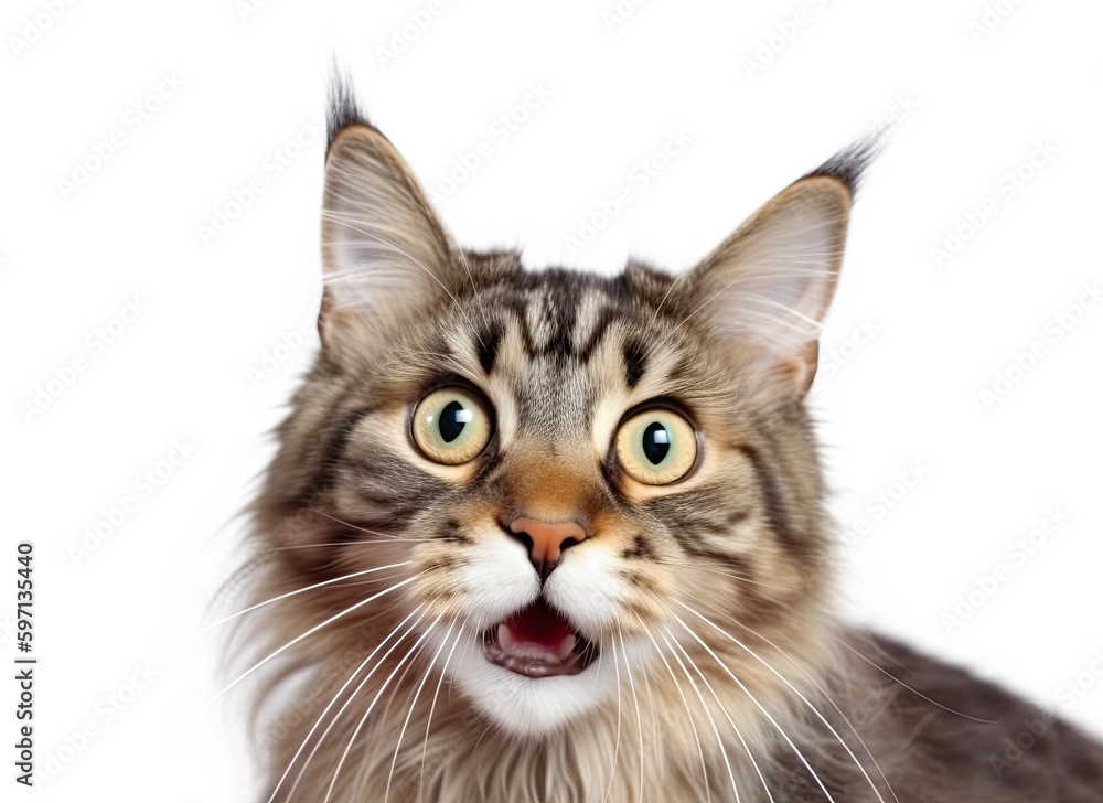 Close-up Funny Portrait of Surprised Cat Maine Coon with Huge Eyes. AI generative. Isolated on White Background. Close-up Funny Portrait of Surprised Cat Maine Coon with Huge Eyes. AI generative. Isolated on White Background.