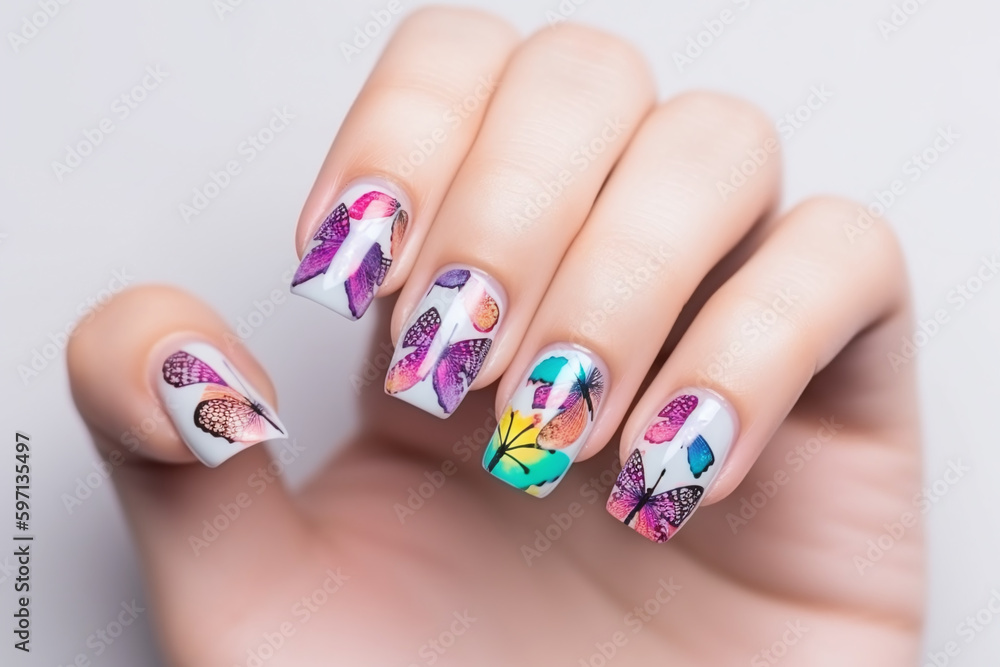 Gros plan sur des ongles manucurés des papillons colorés » IA générative Gros plan sur des ongles manucurés des papillons colorés » IA générative
