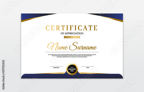 Blue and gold certificate border template. For appreciation, business and education needs