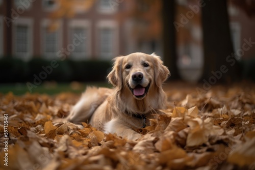 Medium shot portrait photography of a happy golden retriever playing in a pile of leaves against college and university campuses background. With generative AI technology