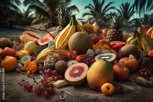 Tropical beach fruit mix. Generative AI