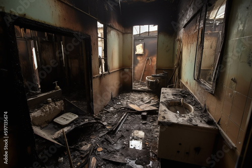 Fotobehang Vue sur une salle de bain complètement brulée » IA générative