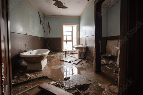 Fotografiet Une vieille salle de bain insalubre et inondée » IA générative