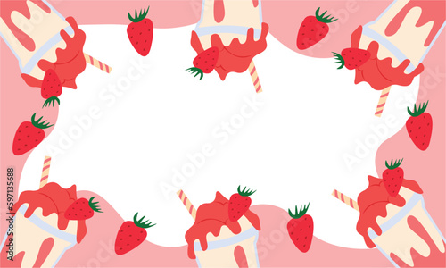 Strawberry milkshake. Cold summer drinks frame. 