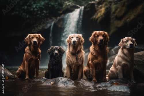 Group portrait photography of a curious golden retriever wearing a collar against waterfalls background. With generative AI technology