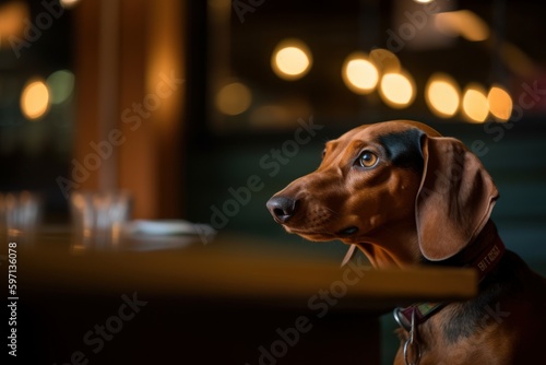 Environmental portrait photography of a curious dachshund being at a dog-friendly restaurant against sports stadiums background. With generative AI technology