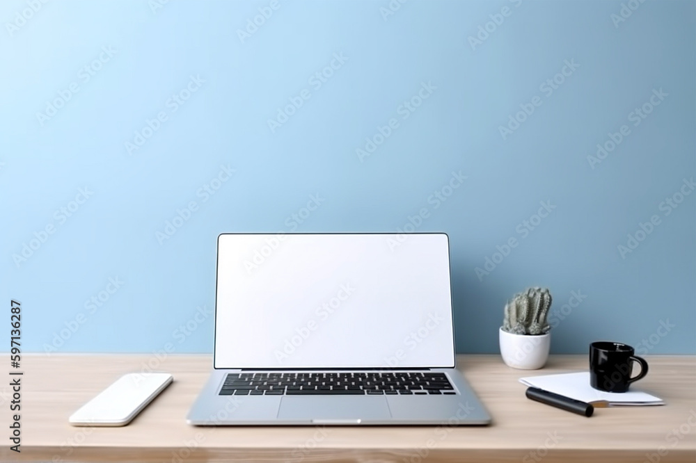 Fototapeta premium Opened laptop with business accessories. Minimal workplace for freelancer or student. Communication and networking, home office. Back to school concept. Mockup, template, copy space. AI generated