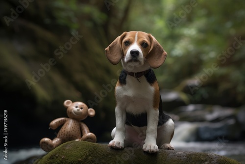 Full-length portrait photography of a curious beagle holding a teddy bear against waterfalls background. With generative AI technology