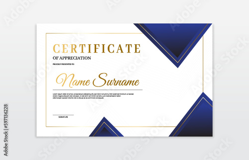 Blue and gold certificate border template. For appreciation, business and education needs