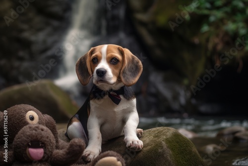 Full-length portrait photography of a curious beagle holding a teddy bear against waterfalls background. With generative AI technology