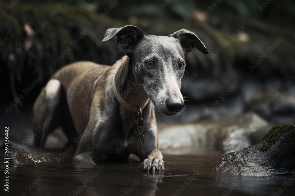 Lifestyle portrait photography of a curious greyhound playing in a mud puddle against waterfalls background. With generative AI technology Lifestyle portrait photography of a curious greyhound playing in a mud puddle against waterfalls background. With generative AI technology