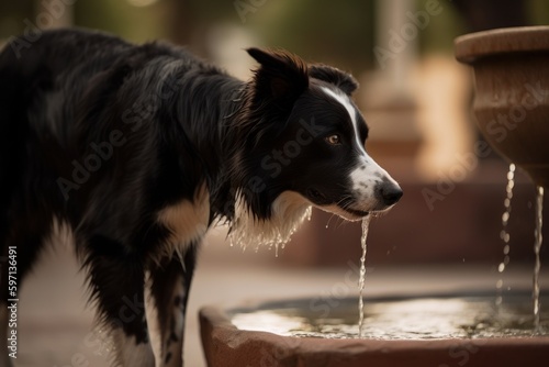 Full-length portrait photography of a happy border collie drinking from a water fountain against fishing piers background. With generative AI technology