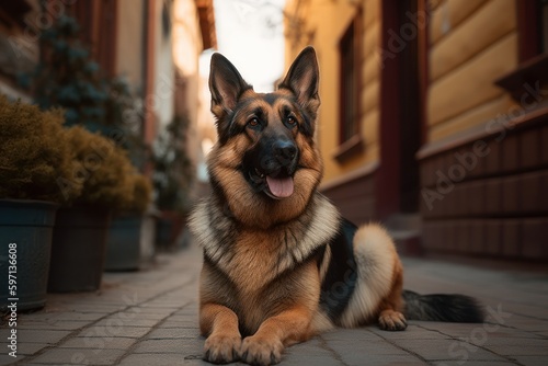 Full-length portrait photography of a happy german shepherd being with a pet hamster against colorful neighborhoods background. With generative AI technology