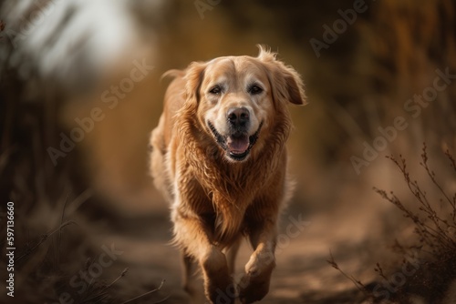Medium shot portrait photography of an aggressive golden retriever running against wildlife refuges background. With generative AI technology