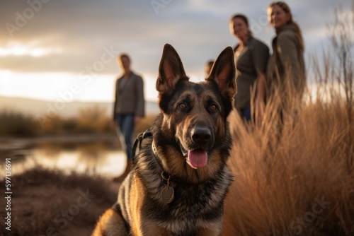 Environmental portrait photography of a scared german shepherd posing with a family against wildlife refuges background. With generative AI technology