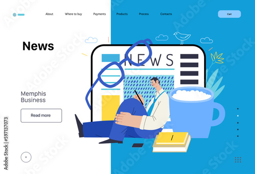 Memphis business illustration. News -modern flat vector concept illustration of a man reading news on various medium and tablet screen, glasses, coffee. Corporate business morning news metaphor.