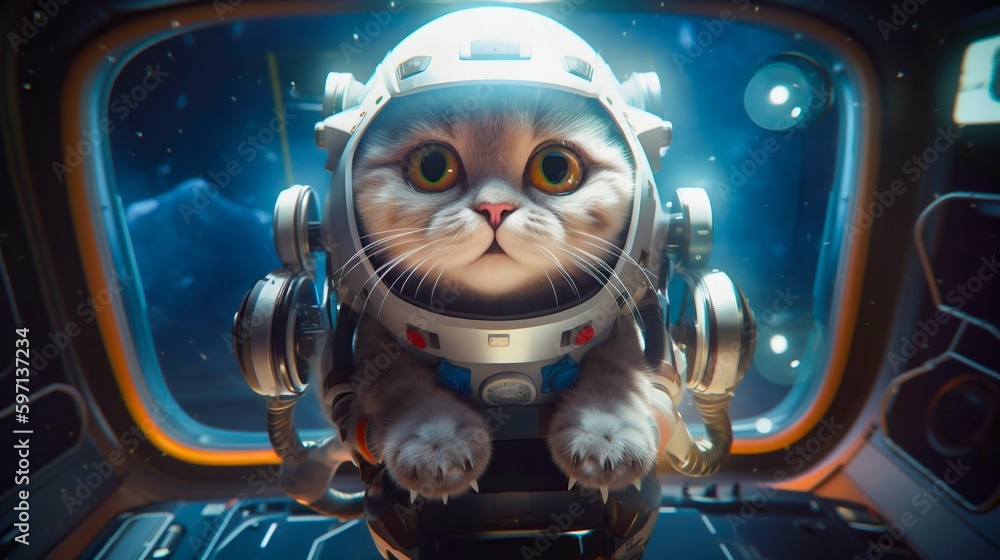 Cute space cat on a big spaceship.Generative AI