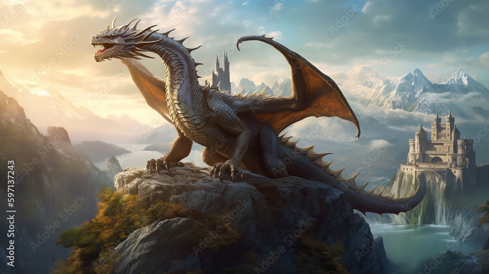 Naklejka premium colossal, ancient dragon perches on a mountaintop, with a vast, sprawling fantasy world visible in the background, emphasizing the creature's majesty and power, rendered in a detailed