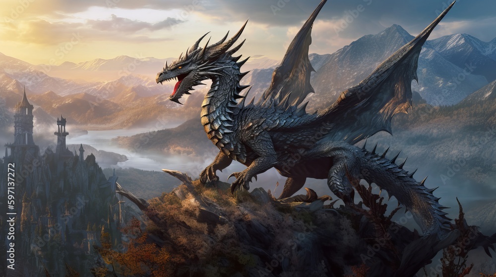 colossal, ancient dragon perches on a mountaintop, with a vast ...