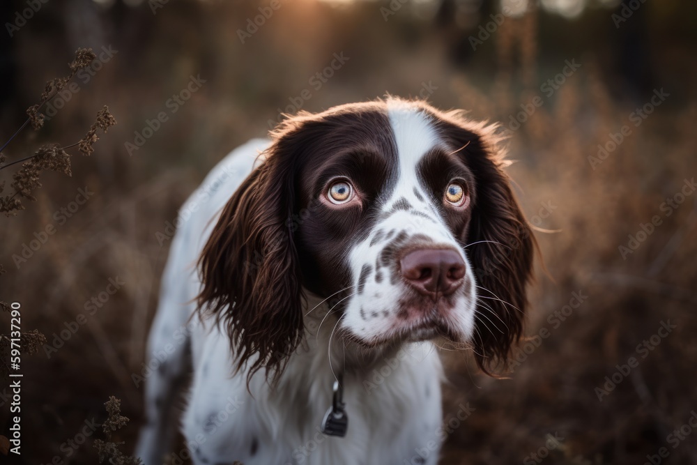 Medium shot portrait photography of a curious english springer spaniel playing with a laser pointer against wildlife refuges background. With generative AI technology