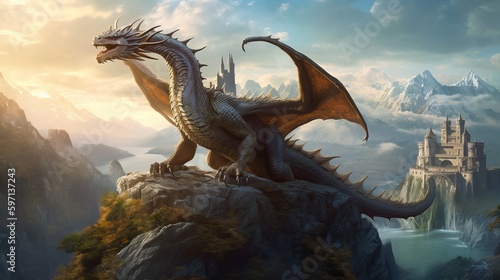 colossal, ancient dragon perches on a mountaintop, with a vast, sprawling fantasy world visible in the background, emphasizing the creature's majesty and power, rendered in a detailed