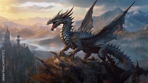 colossal, ancient dragon perches on a mountaintop, with a vast, sprawling fantasy world visible in the background, emphasizing the creature's majesty and power, rendered in a detailed, Generative AI