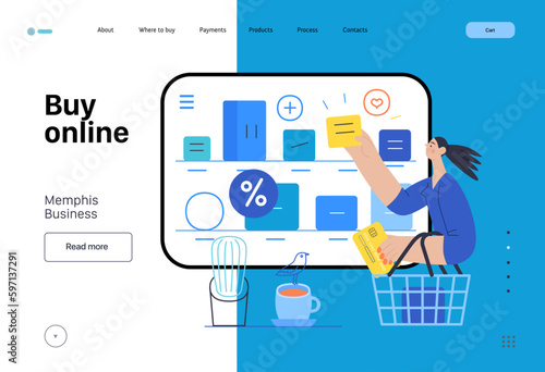 Memphis business illustration. Buy online -modern flat vector concept illustration of a woman with a shopping cart choosing articles in a shop app. Commercial business sales metaphor.
