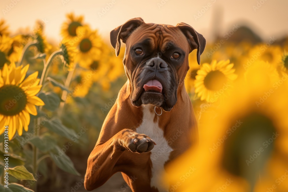 Environmental portrait photography of an aggressive boxer dog giving the paw against sunflower fields background. With generative AI technology