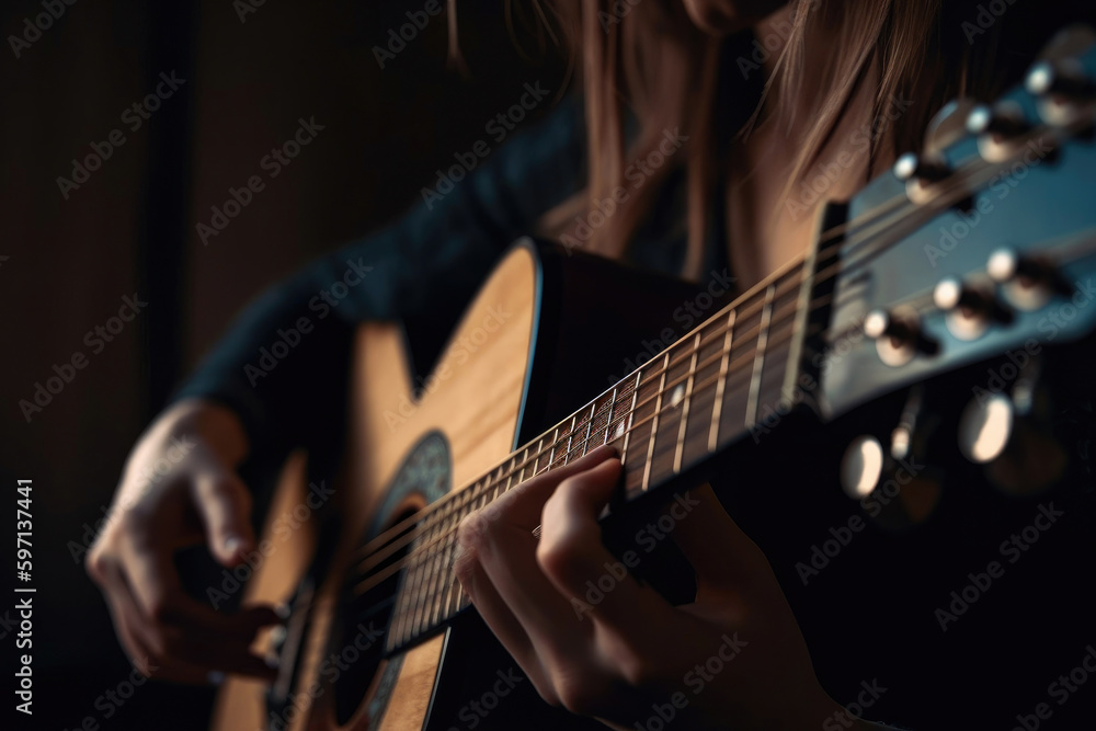 Beautiful young woman playing guitar. Generative AI