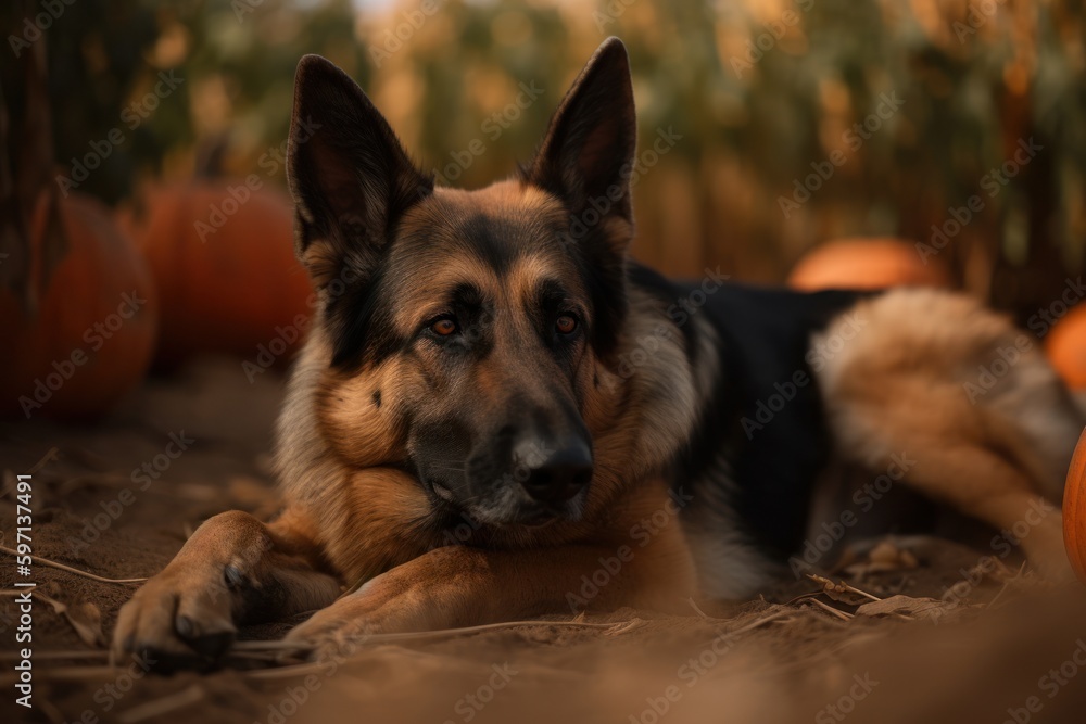 Lifestyle portrait photography of a happy german shepherd sleeping against pumpkin patches background. With generative AI technology Lifestyle portrait photography of a happy german shepherd sleeping against pumpkin patches background. With generative AI technology
