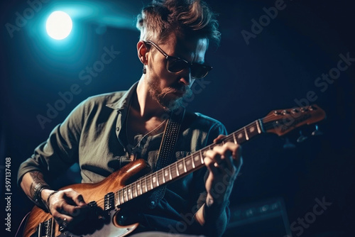 Hipster man plays the electric guitar with a band performing at a concert. Generative AI