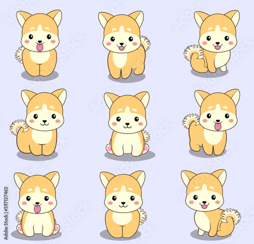 Chiba breed puppies Smooth and clean colors, yellow tones, cream, white, set of 9 images, cartoon graphics, illustrations