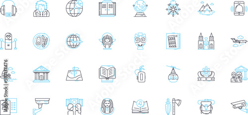Social gatherings linear icons set. Festivities, Soirees, Gatherings, Parties, Celebrations, Reunions, Mixers line vector and concept signs. Nerking,Galas,Banquets outline illustrations