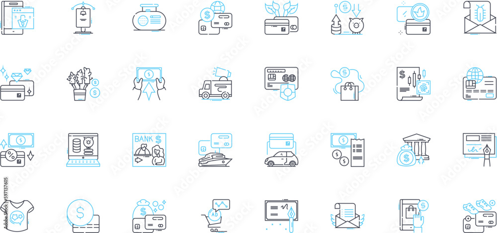 Electronic transactions linear icons set. Digital, Payment, Virtual, Cashless, E-commerce, Encryption, Secure line vector and concept signs. Gateway,Token,Bitcoin outline illustrations